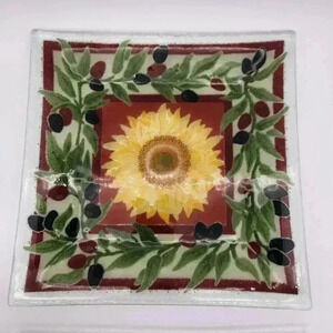 Peggy Karr 2008 Tuscany 10" Sunflower & Olive Vine Fused Glass Square Plate Gift